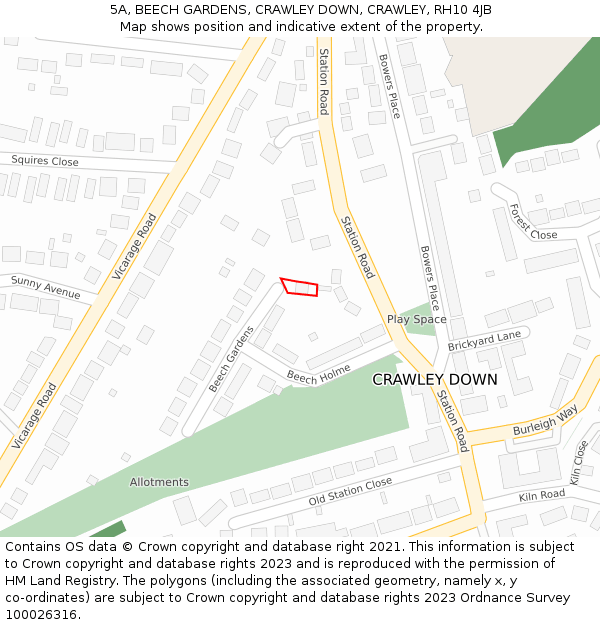 5A, BEECH GARDENS, CRAWLEY DOWN, CRAWLEY, RH10 4JB: Location map and indicative extent of plot