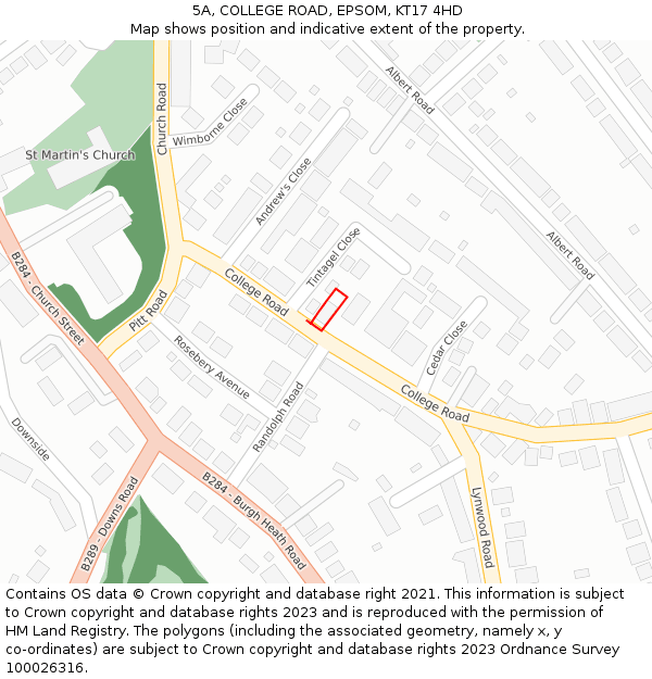 5A, COLLEGE ROAD, EPSOM, KT17 4HD: Location map and indicative extent of plot