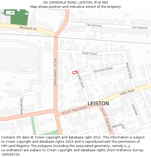 5A, DINSDALE ROAD, LEISTON, IP16 4EX: Location map and indicative extent of plot