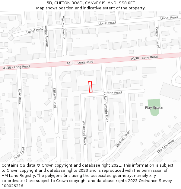 5B, CLIFTON ROAD, CANVEY ISLAND, SS8 0EE: Location map and indicative extent of plot