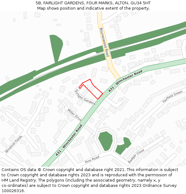 5B, FAIRLIGHT GARDENS, FOUR MARKS, ALTON, GU34 5HT: Location map and indicative extent of plot