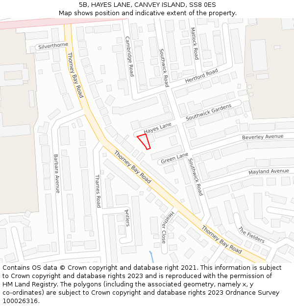 5B, HAYES LANE, CANVEY ISLAND, SS8 0ES: Location map and indicative extent of plot