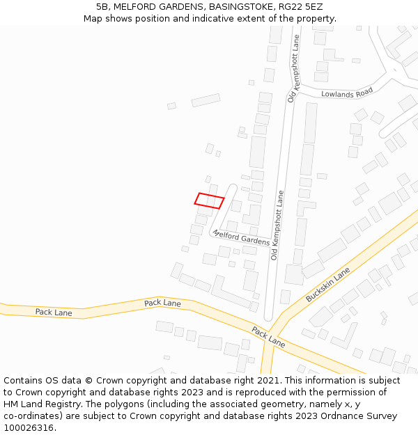 5B, MELFORD GARDENS, BASINGSTOKE, RG22 5EZ: Location map and indicative extent of plot