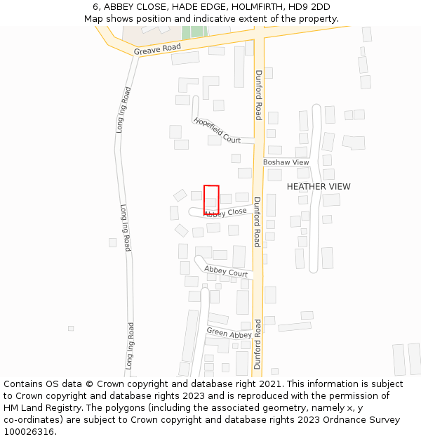 6, ABBEY CLOSE, HADE EDGE, HOLMFIRTH, HD9 2DD: Location map and indicative extent of plot