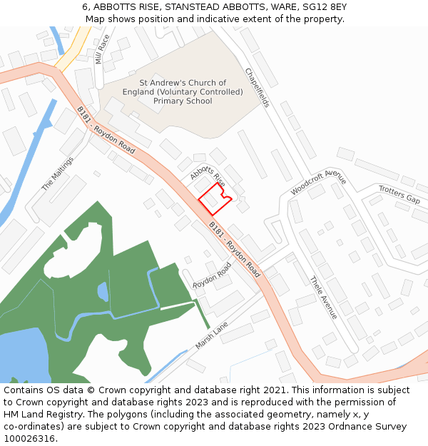 6, ABBOTTS RISE, STANSTEAD ABBOTTS, WARE, SG12 8EY: Location map and indicative extent of plot