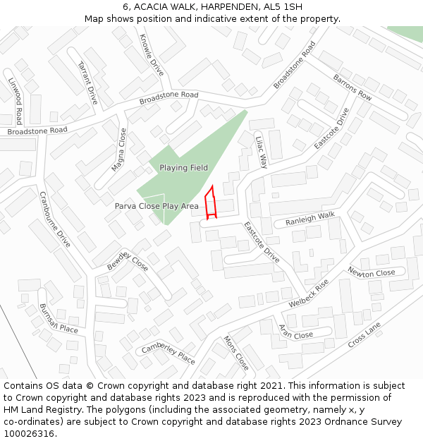 6, ACACIA WALK, HARPENDEN, AL5 1SH: Location map and indicative extent of plot