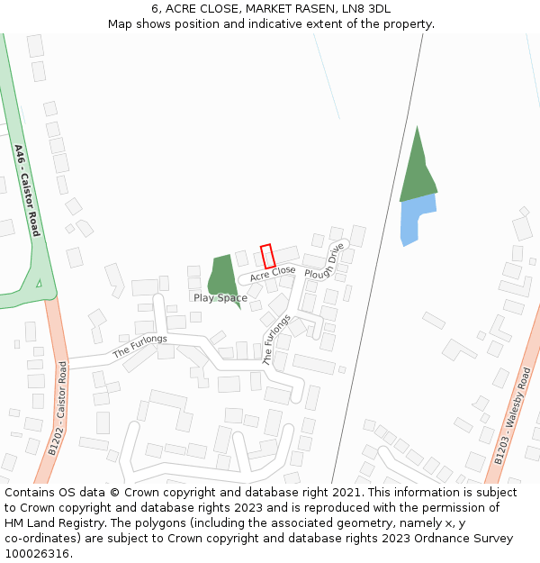 6, ACRE CLOSE, MARKET RASEN, LN8 3DL: Location map and indicative extent of plot