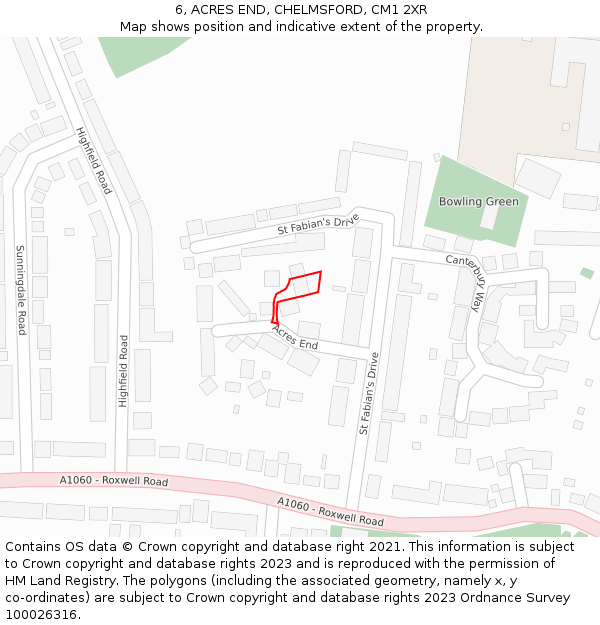 6, ACRES END, CHELMSFORD, CM1 2XR: Location map and indicative extent of plot