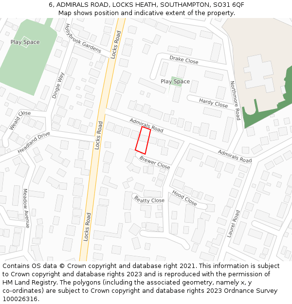 6, ADMIRALS ROAD, LOCKS HEATH, SOUTHAMPTON, SO31 6QF: Location map and indicative extent of plot