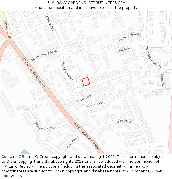 6, ALBANY GARDENS, REDRUTH, TR15 2PA: Location map and indicative extent of plot