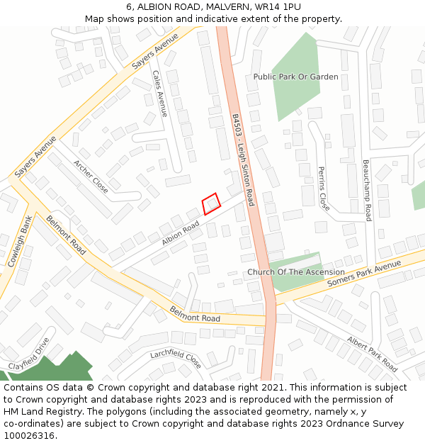 6, ALBION ROAD, MALVERN, WR14 1PU: Location map and indicative extent of plot