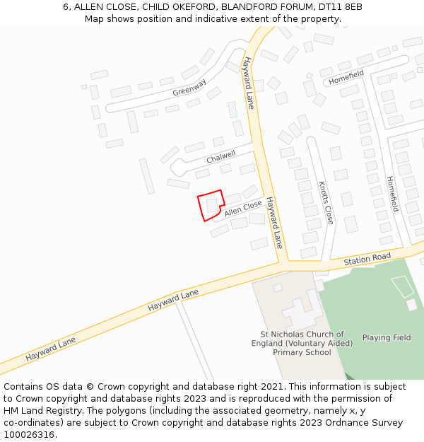 6, ALLEN CLOSE, CHILD OKEFORD, BLANDFORD FORUM, DT11 8EB: Location map and indicative extent of plot