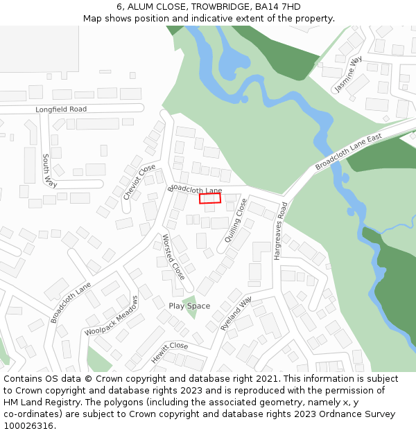 6, ALUM CLOSE, TROWBRIDGE, BA14 7HD: Location map and indicative extent of plot