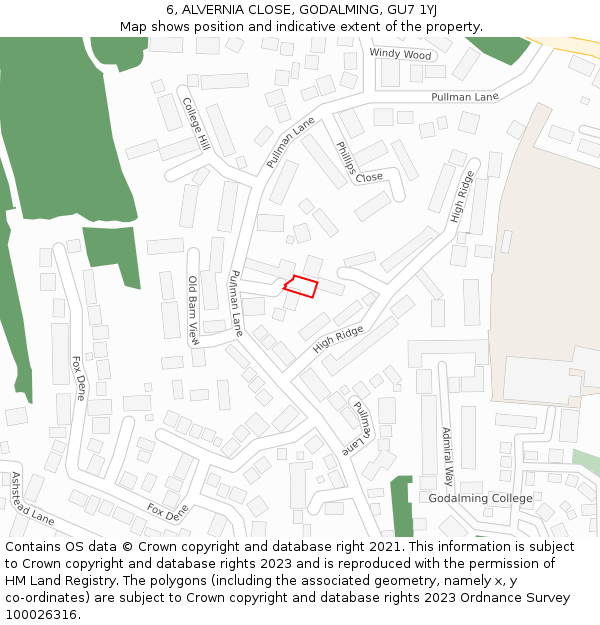 6, ALVERNIA CLOSE, GODALMING, GU7 1YJ: Location map and indicative extent of plot