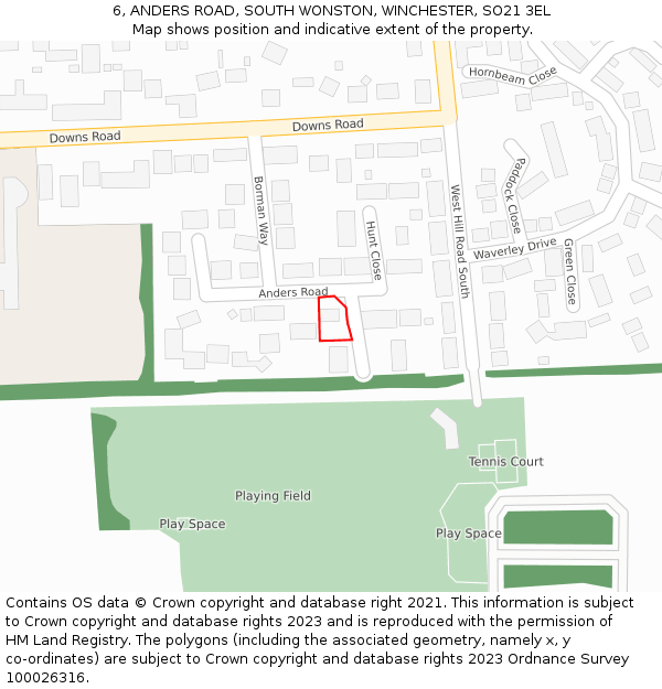 6, ANDERS ROAD, SOUTH WONSTON, WINCHESTER, SO21 3EL: Location map and indicative extent of plot