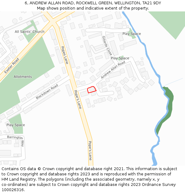 6, ANDREW ALLAN ROAD, ROCKWELL GREEN, WELLINGTON, TA21 9DY: Location map and indicative extent of plot