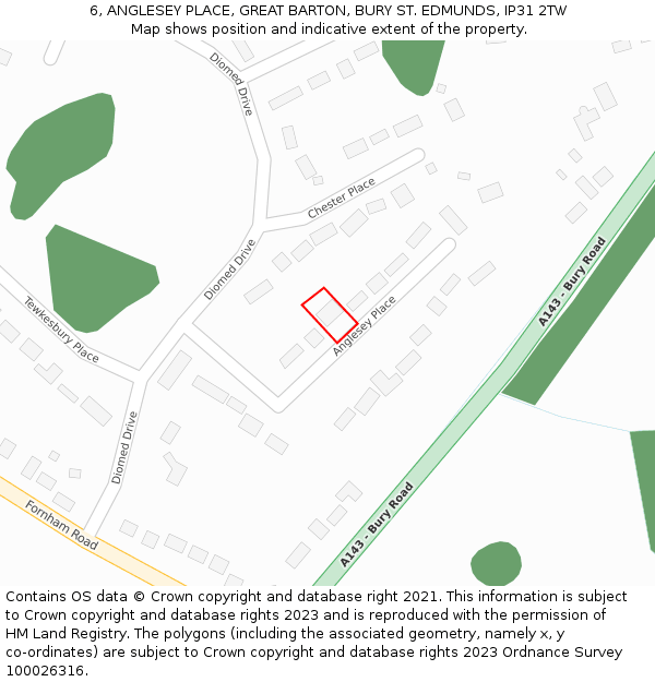 6, ANGLESEY PLACE, GREAT BARTON, BURY ST. EDMUNDS, IP31 2TW: Location map and indicative extent of plot