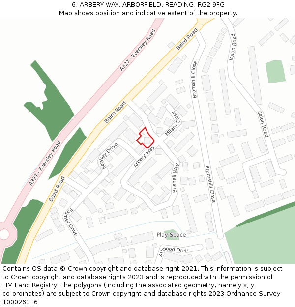 6, ARBERY WAY, ARBORFIELD, READING, RG2 9FG: Location map and indicative extent of plot