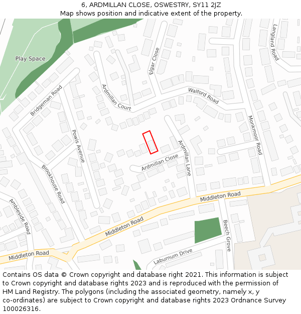 6, ARDMILLAN CLOSE, OSWESTRY, SY11 2JZ: Location map and indicative extent of plot