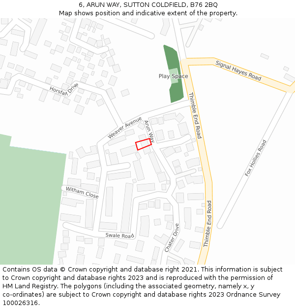 6, ARUN WAY, SUTTON COLDFIELD, B76 2BQ: Location map and indicative extent of plot