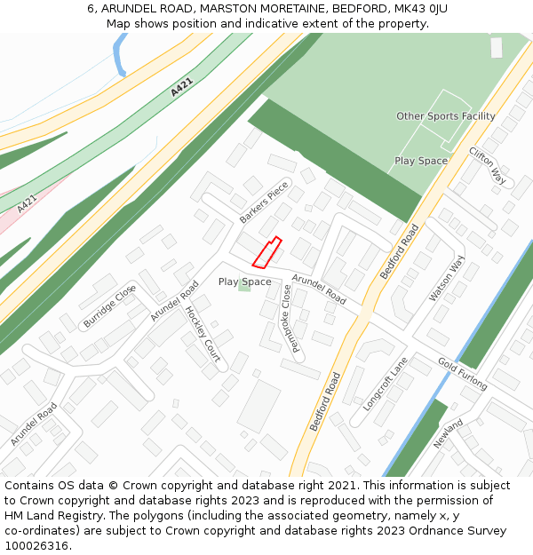 6, ARUNDEL ROAD, MARSTON MORETAINE, BEDFORD, MK43 0JU: Location map and indicative extent of plot