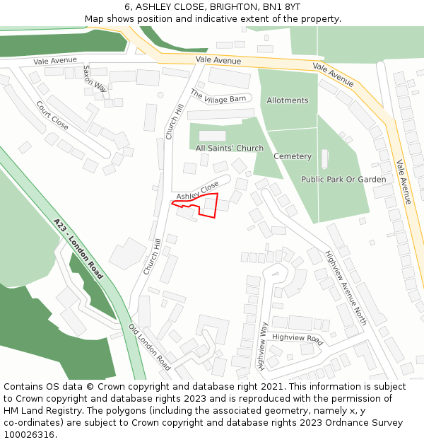 6, ASHLEY CLOSE, BRIGHTON, BN1 8YT: Location map and indicative extent of plot