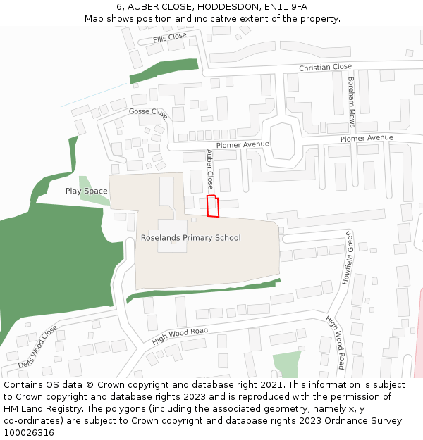 6, AUBER CLOSE, HODDESDON, EN11 9FA: Location map and indicative extent of plot