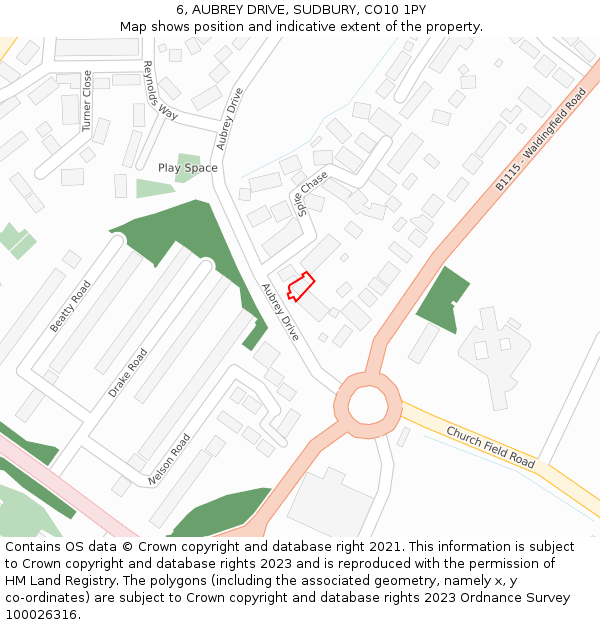 6, AUBREY DRIVE, SUDBURY, CO10 1PY: Location map and indicative extent of plot