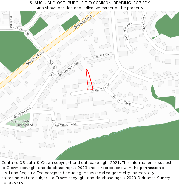 6, AUCLUM CLOSE, BURGHFIELD COMMON, READING, RG7 3DY: Location map and indicative extent of plot