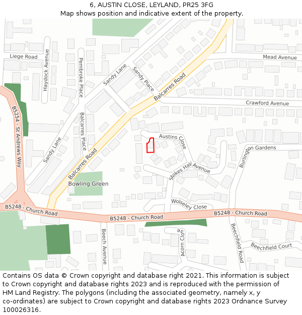 6, AUSTIN CLOSE, LEYLAND, PR25 3FG: Location map and indicative extent of plot
