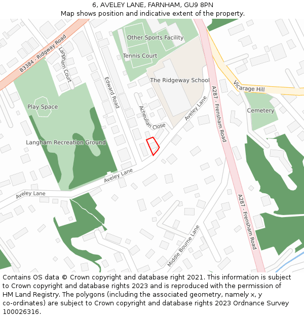 6, AVELEY LANE, FARNHAM, GU9 8PN: Location map and indicative extent of plot