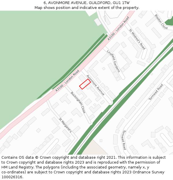 6, AVONMORE AVENUE, GUILDFORD, GU1 1TW: Location map and indicative extent of plot