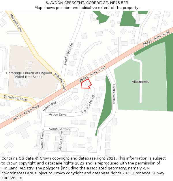 6, AYDON CRESCENT, CORBRIDGE, NE45 5EB: Location map and indicative extent of plot