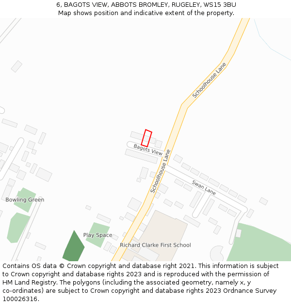 6, BAGOTS VIEW, ABBOTS BROMLEY, RUGELEY, WS15 3BU: Location map and indicative extent of plot