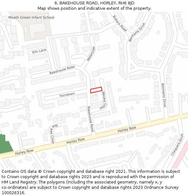 6, BAKEHOUSE ROAD, HORLEY, RH6 8JD: Location map and indicative extent of plot