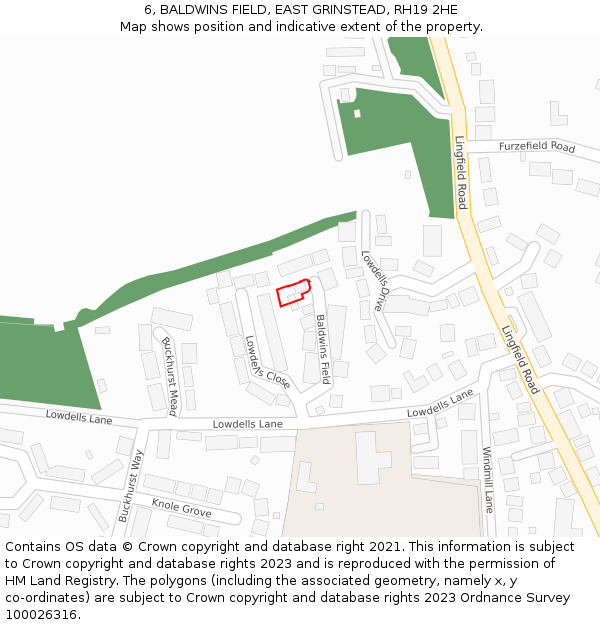 6, BALDWINS FIELD, EAST GRINSTEAD, RH19 2HE: Location map and indicative extent of plot