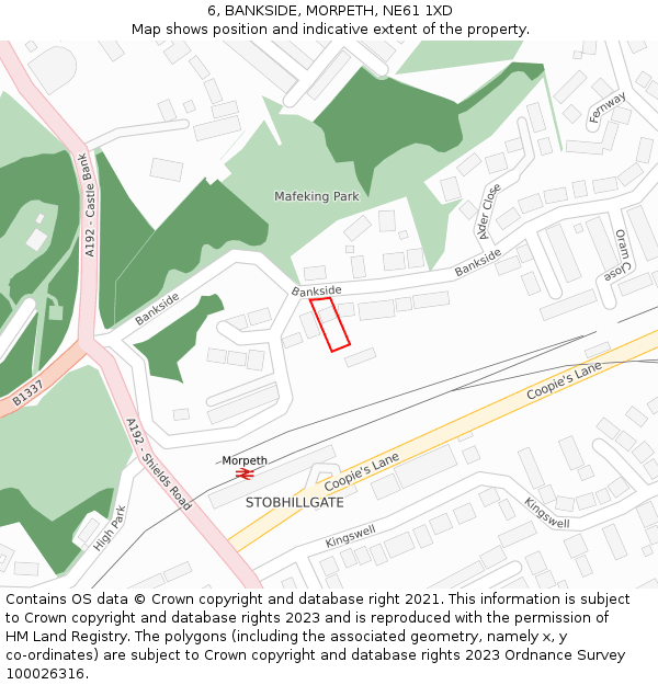 6, BANKSIDE, MORPETH, NE61 1XD: Location map and indicative extent of plot