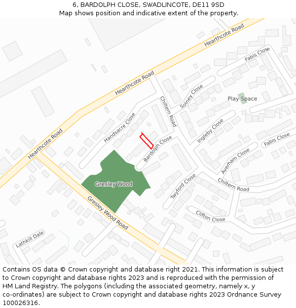 6, BARDOLPH CLOSE, SWADLINCOTE, DE11 9SD: Location map and indicative extent of plot