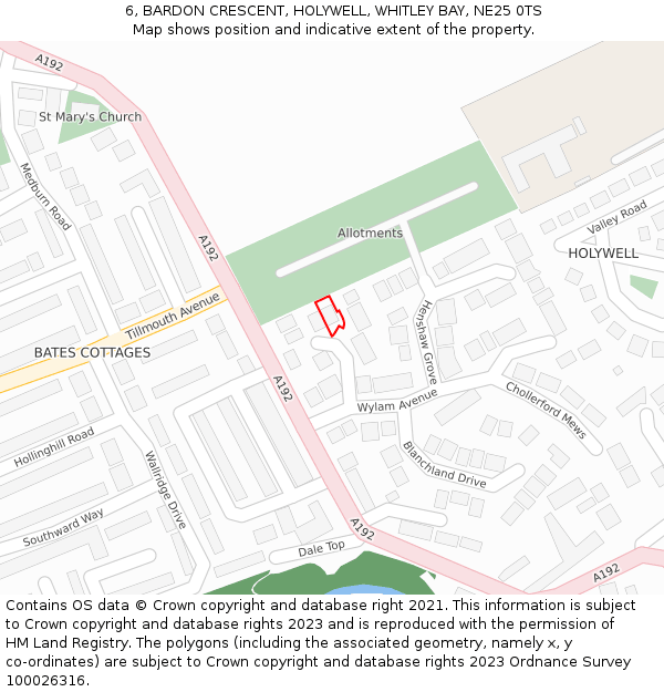 6, BARDON CRESCENT, HOLYWELL, WHITLEY BAY, NE25 0TS: Location map and indicative extent of plot