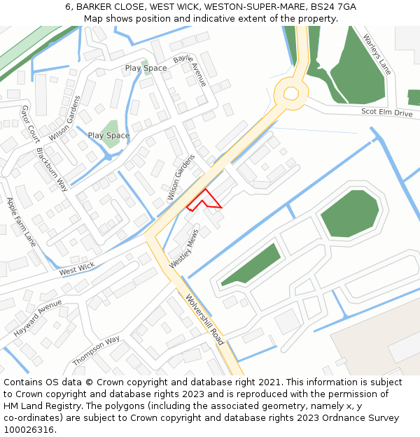 6, BARKER CLOSE, WEST WICK, WESTON-SUPER-MARE, BS24 7GA: Location map and indicative extent of plot