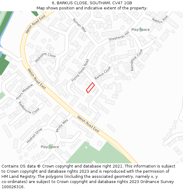 6, BARKUS CLOSE, SOUTHAM, CV47 1GB: Location map and indicative extent of plot