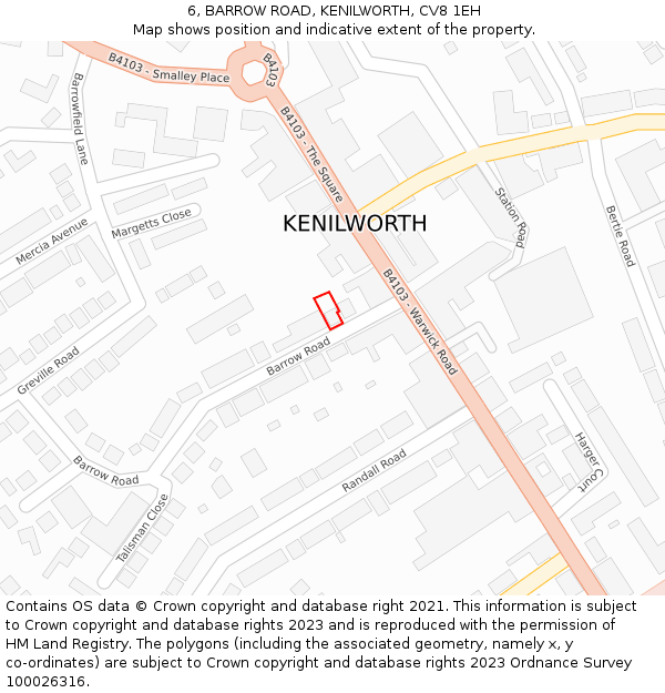 6, BARROW ROAD, KENILWORTH, CV8 1EH: Location map and indicative extent of plot