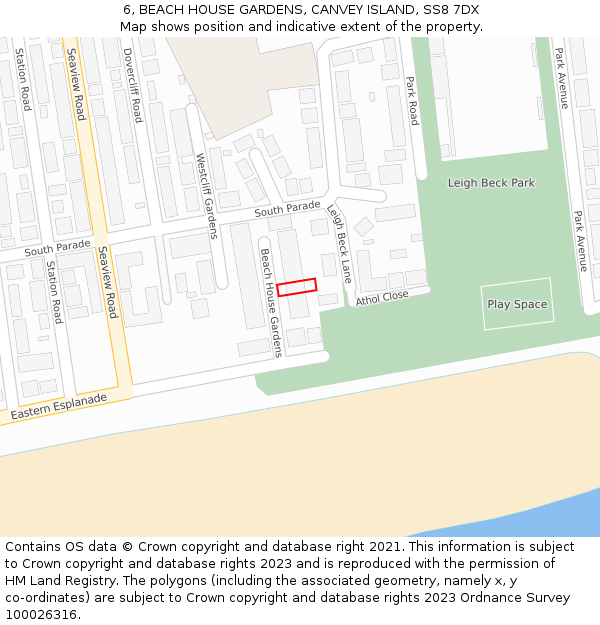 6, BEACH HOUSE GARDENS, CANVEY ISLAND, SS8 7DX: Location map and indicative extent of plot