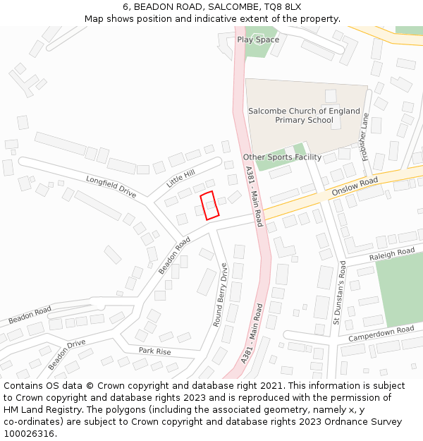 6, BEADON ROAD, SALCOMBE, TQ8 8LX: Location map and indicative extent of plot