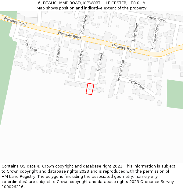 6, BEAUCHAMP ROAD, KIBWORTH, LEICESTER, LE8 0HA: Location map and indicative extent of plot