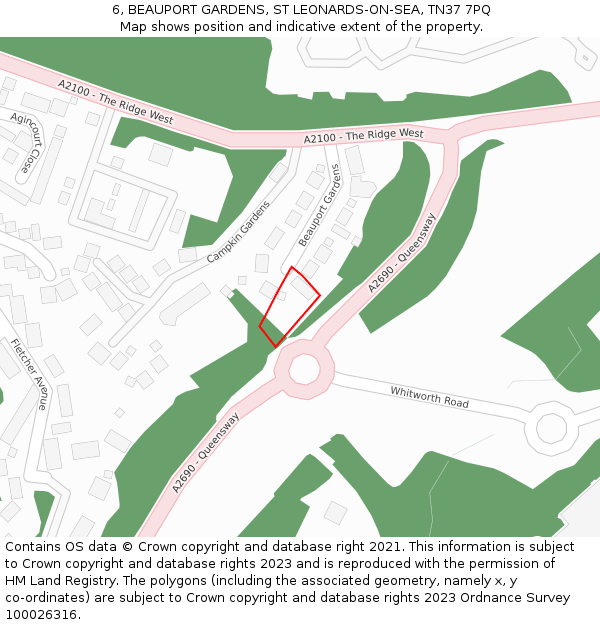 6, BEAUPORT GARDENS, ST LEONARDS-ON-SEA, TN37 7PQ: Location map and indicative extent of plot