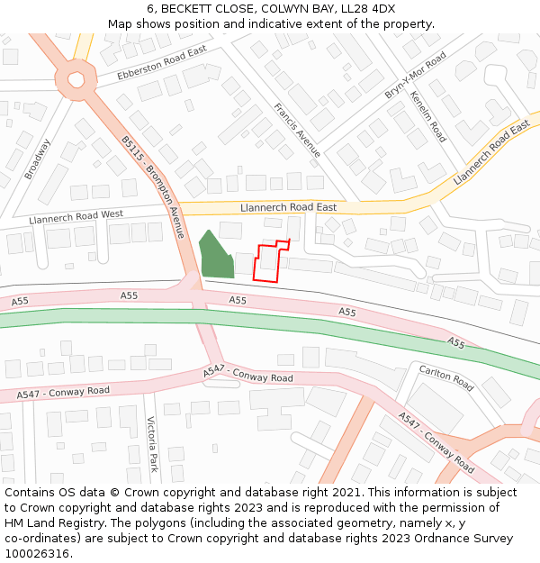 6, BECKETT CLOSE, COLWYN BAY, LL28 4DX: Location map and indicative extent of plot