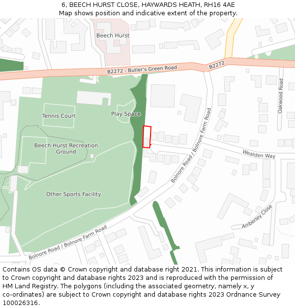 6, BEECH HURST CLOSE, HAYWARDS HEATH, RH16 4AE: Location map and indicative extent of plot