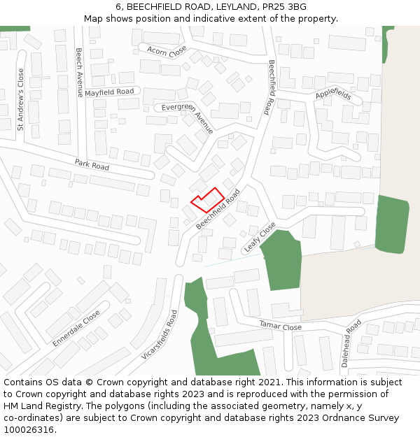 6, BEECHFIELD ROAD, LEYLAND, PR25 3BG: Location map and indicative extent of plot