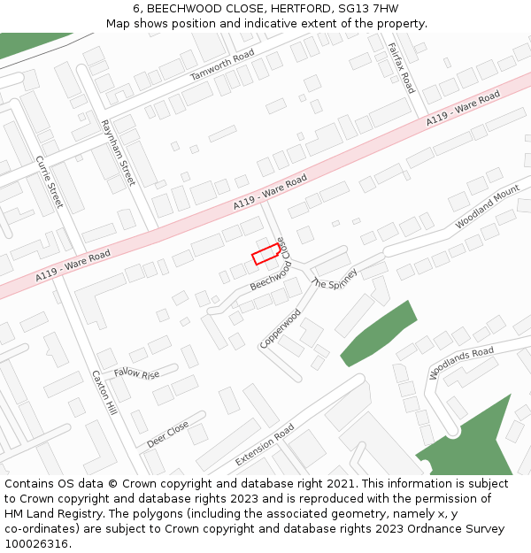 6, BEECHWOOD CLOSE, HERTFORD, SG13 7HW: Location map and indicative extent of plot